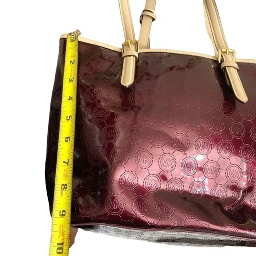 Michael Kors burgandy red patent leather embossed mk tote bag